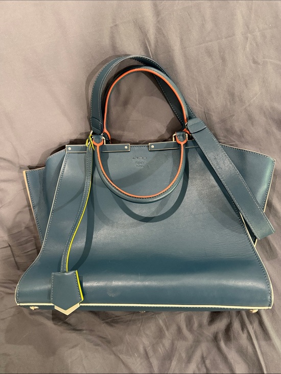 Fendi Handbags - Fendi Teal Leather Peekaboo Tote with Orange and Neon Yellow Accents